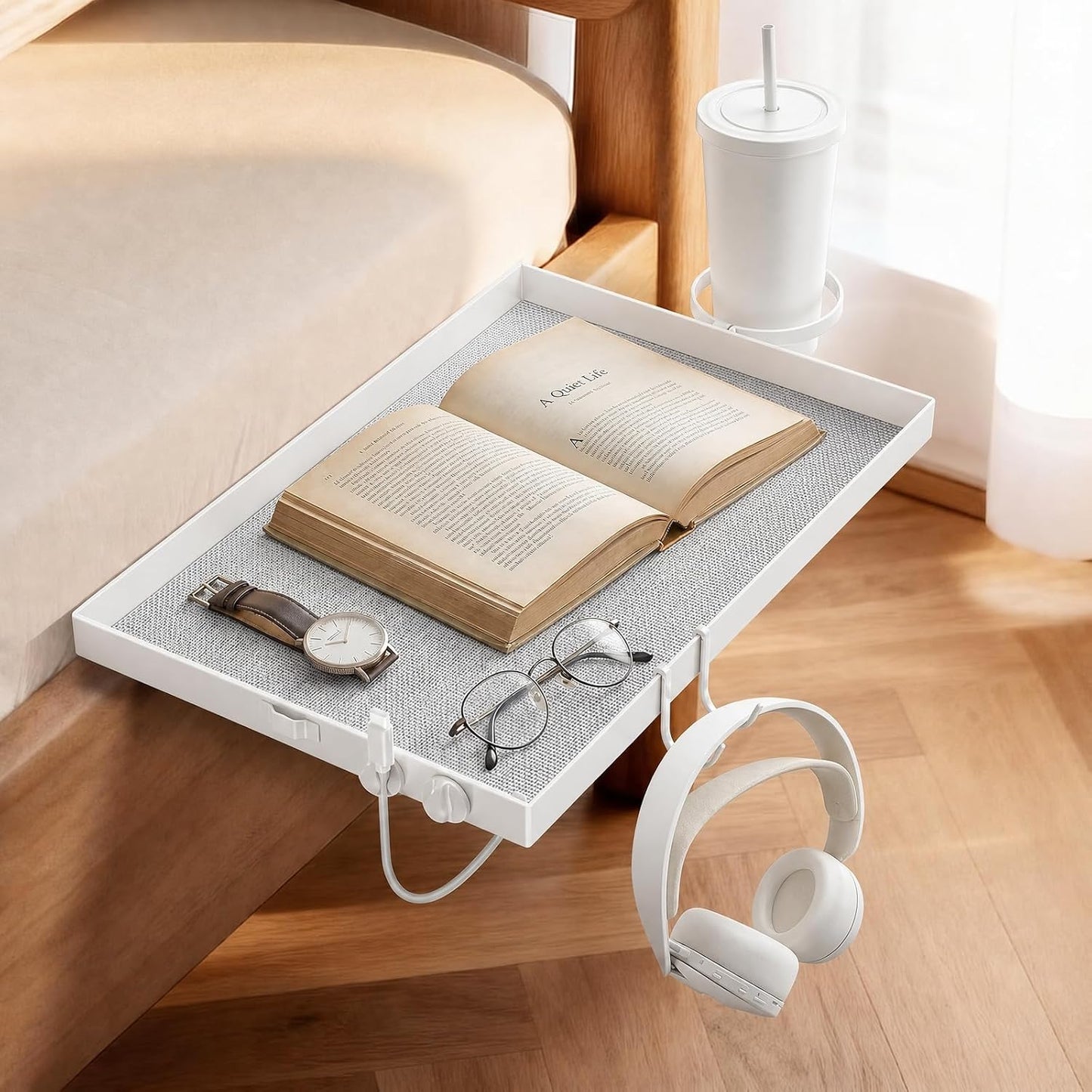 Bedside Shelf Metal, Metal Clip on Bedside Table Shelf for top bunk,Bedside Caddy for College Dorm Room Essentials for Guys(White)