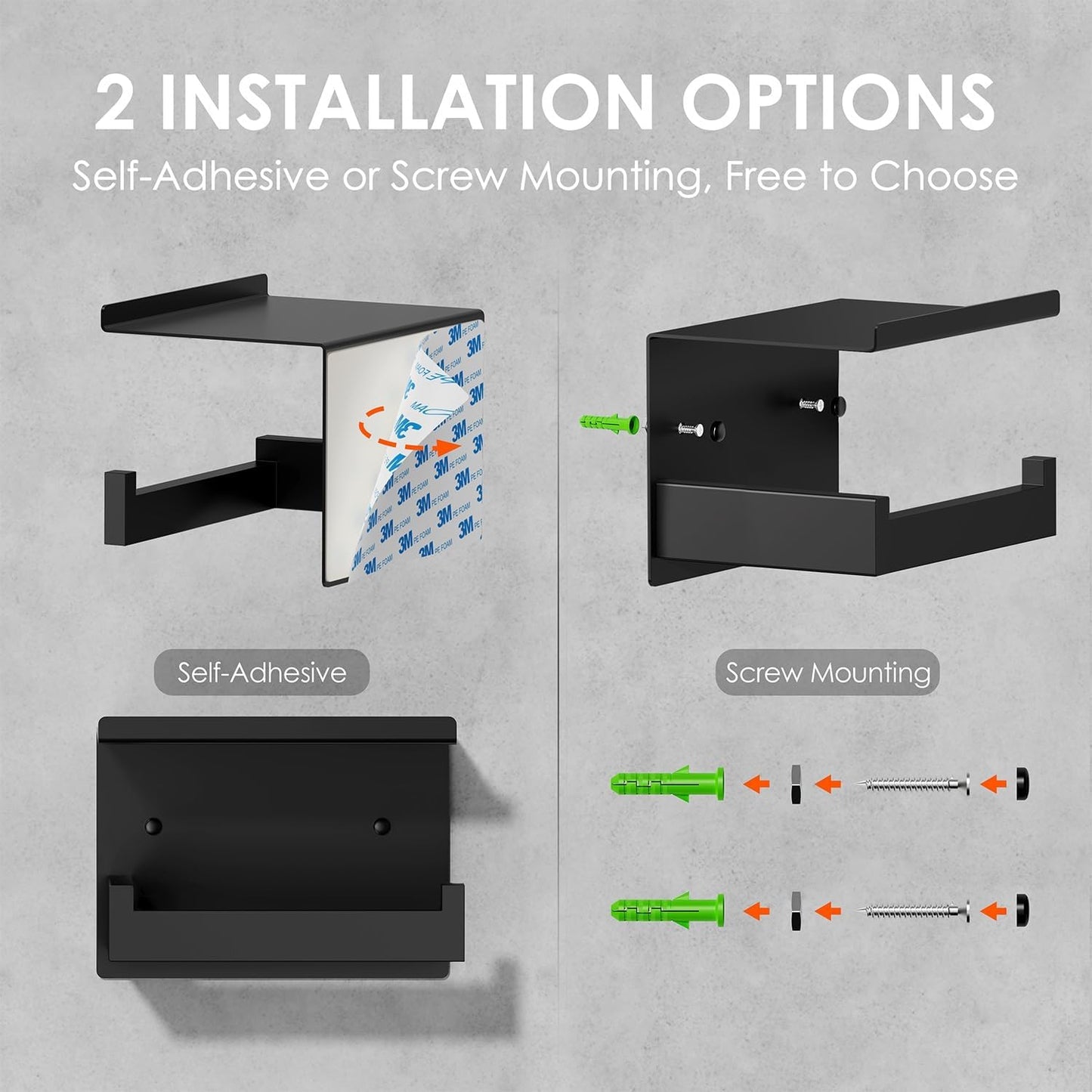 Auxmir Toilet Paper Holder with Shelf, Self Adhesive or Screw Mount, Black | Rustproof SUS304 Stainless Steel with Phone Shelf, Square Anti-Slip Bar, Fits Mega Rolls, Adhesive or Screw Installation