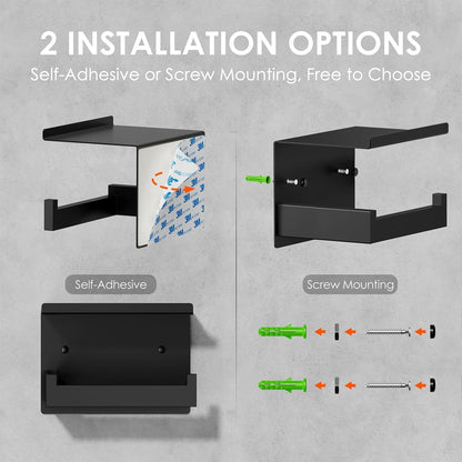Auxmir Toilet Paper Holder with Shelf, Self Adhesive or Screw Mount, Black | Rustproof SUS304 Stainless Steel with Phone Shelf, Square Anti-Slip Bar, Fits Mega Rolls, Adhesive or Screw Installation