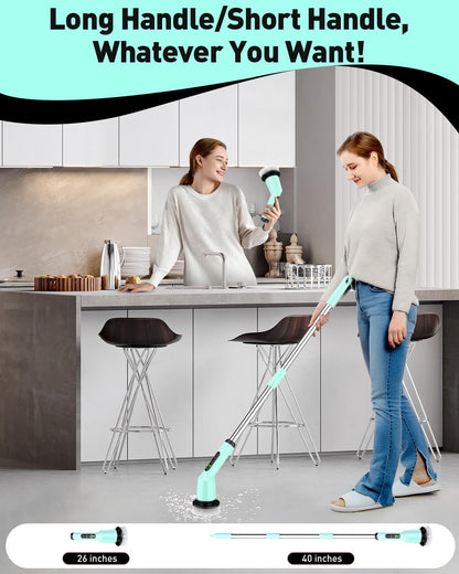 Electric Spin Scrubber for Bathroom, Shower Scrubber with Long Handle | Shower Cleaner Brushes, IPX7 Waterproof & 2 Speed, 3 Brush Heads, 90min Runtime, Bathroom Cleaning Supplies for Toilet Tub