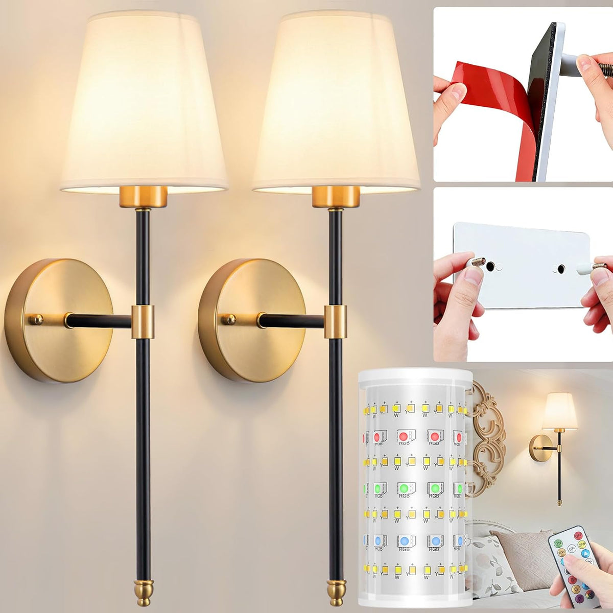 Nekhung Battery Operated Wall Sconce, Peel and Stick Sconces Set of 2