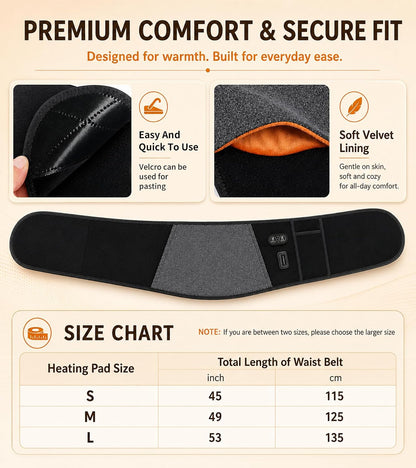 Heated Waist Belt, Cordless Lower Back Heating Pad, Black