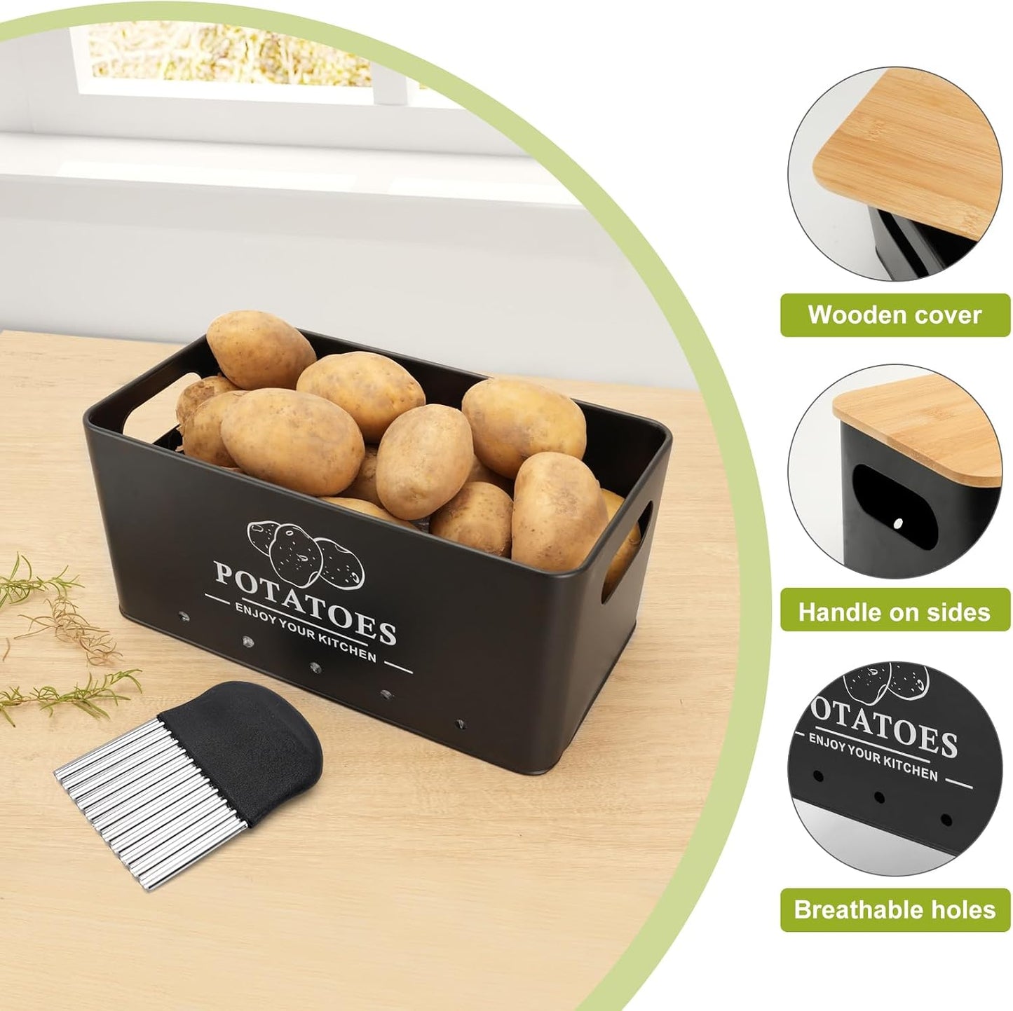 Kitchen Vegetable Storage Set of 3, Metal Onion Garlic Potato Storage Set, Kitchen Canisters Vegetable Keeper Containers with Aerating Holes and Bamboo Lid,Black
