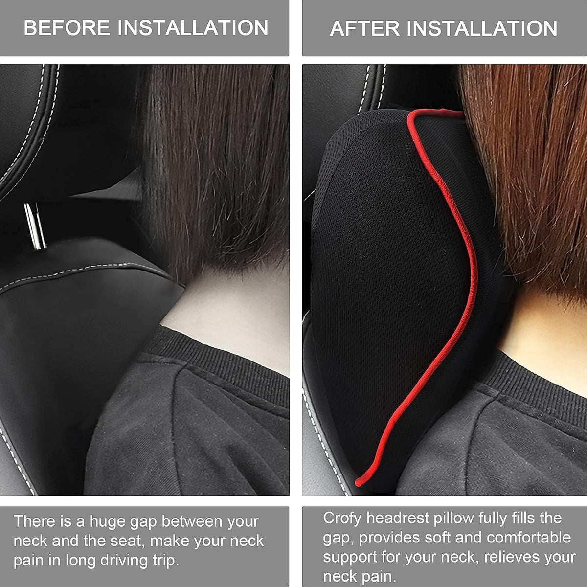 Crofy 2-Pack Car Neck Pillow, Headrest Pillow with Adjustable Strap, Black