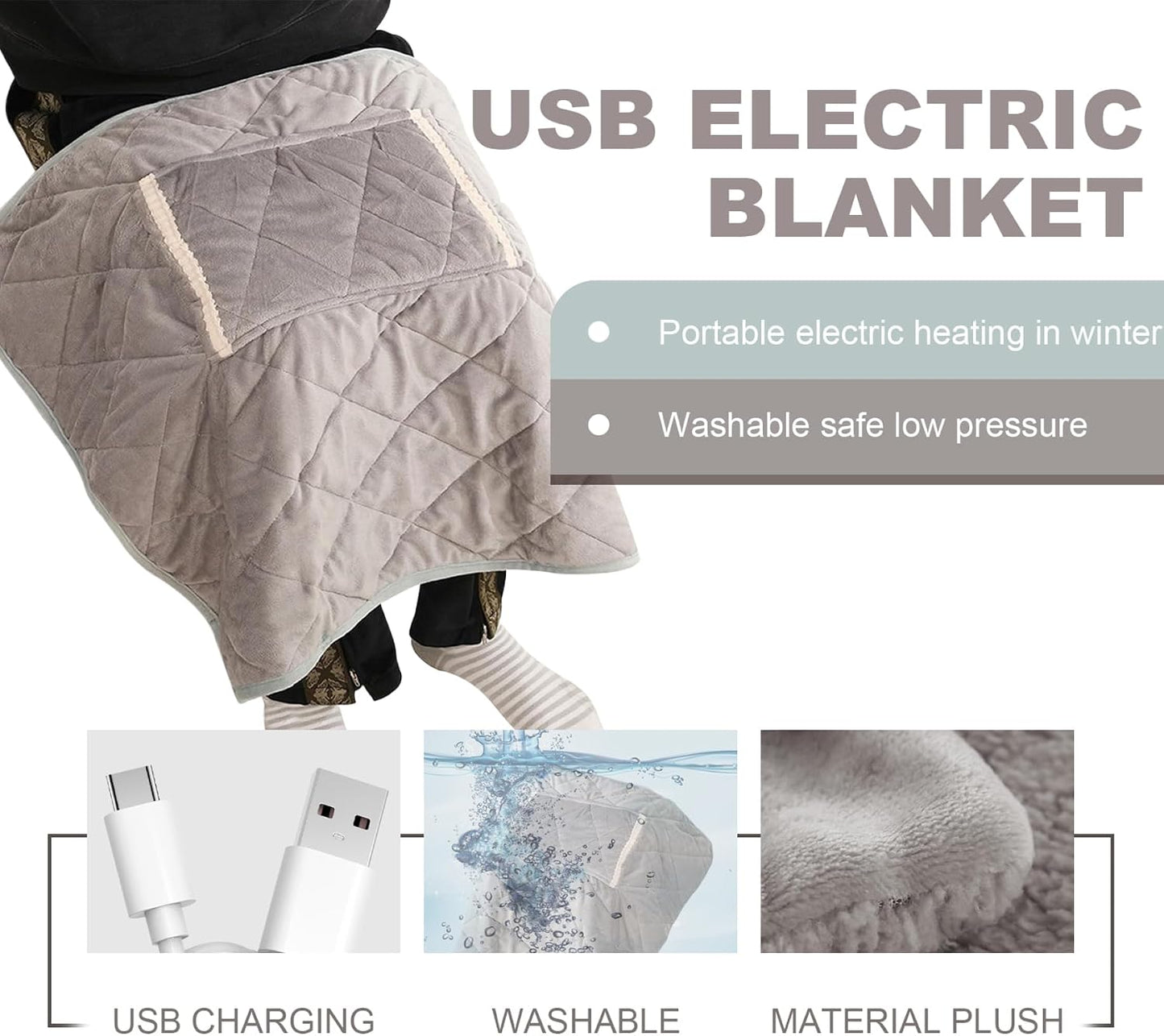 Heated Lap Blanket, 24x32 Inch Soft Warm Plush Car Heated Blanket with Pocket, Washable USB Heating Blanket, Portable Electric Lap Blanket for Office Home Dorm Car Travel, Grey