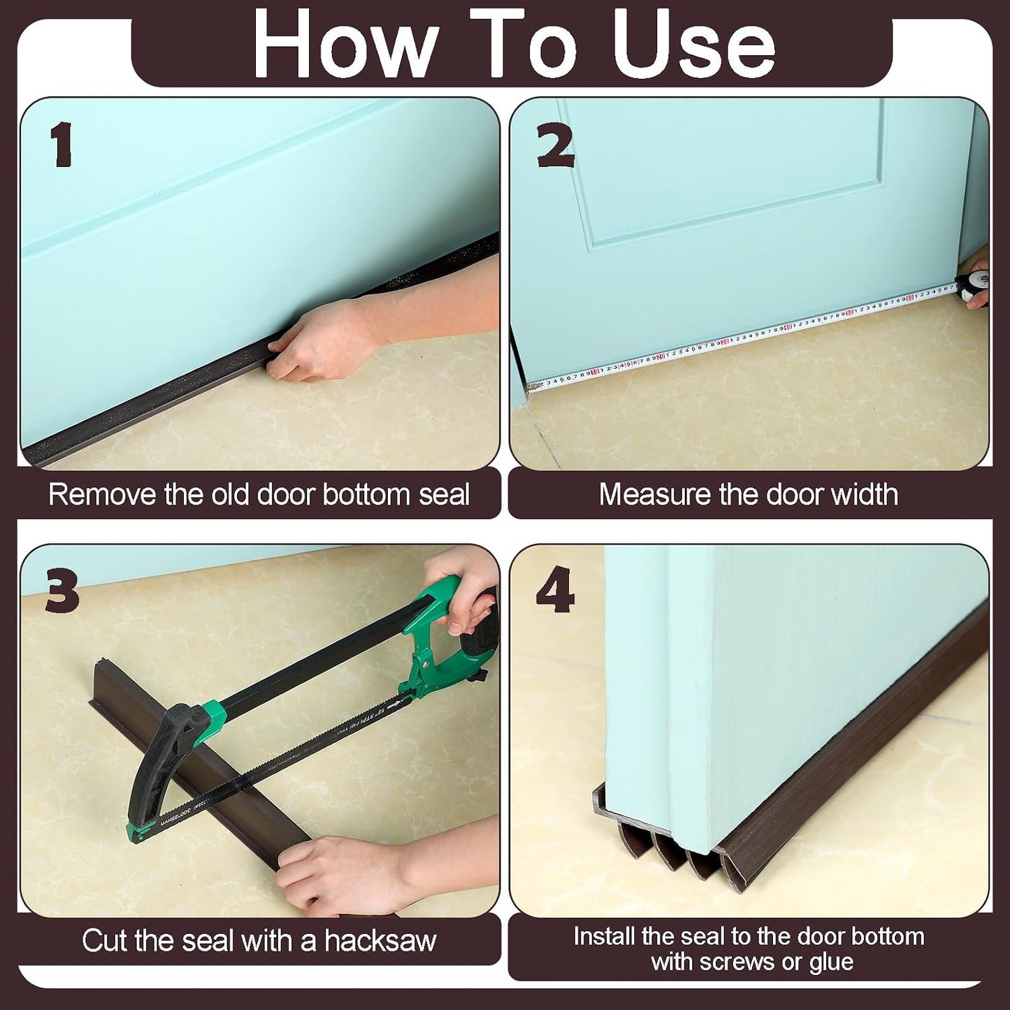 2 Pcs 3 Feet Brown Vinyl Door Bottom Adjustable Weatherstrip Door Bottom with Drip Cap Weatherproof Under Doors Seal for Gaps from 1/4'' to 9/16'' for 1 3/4'' to 2'' Thick Doors