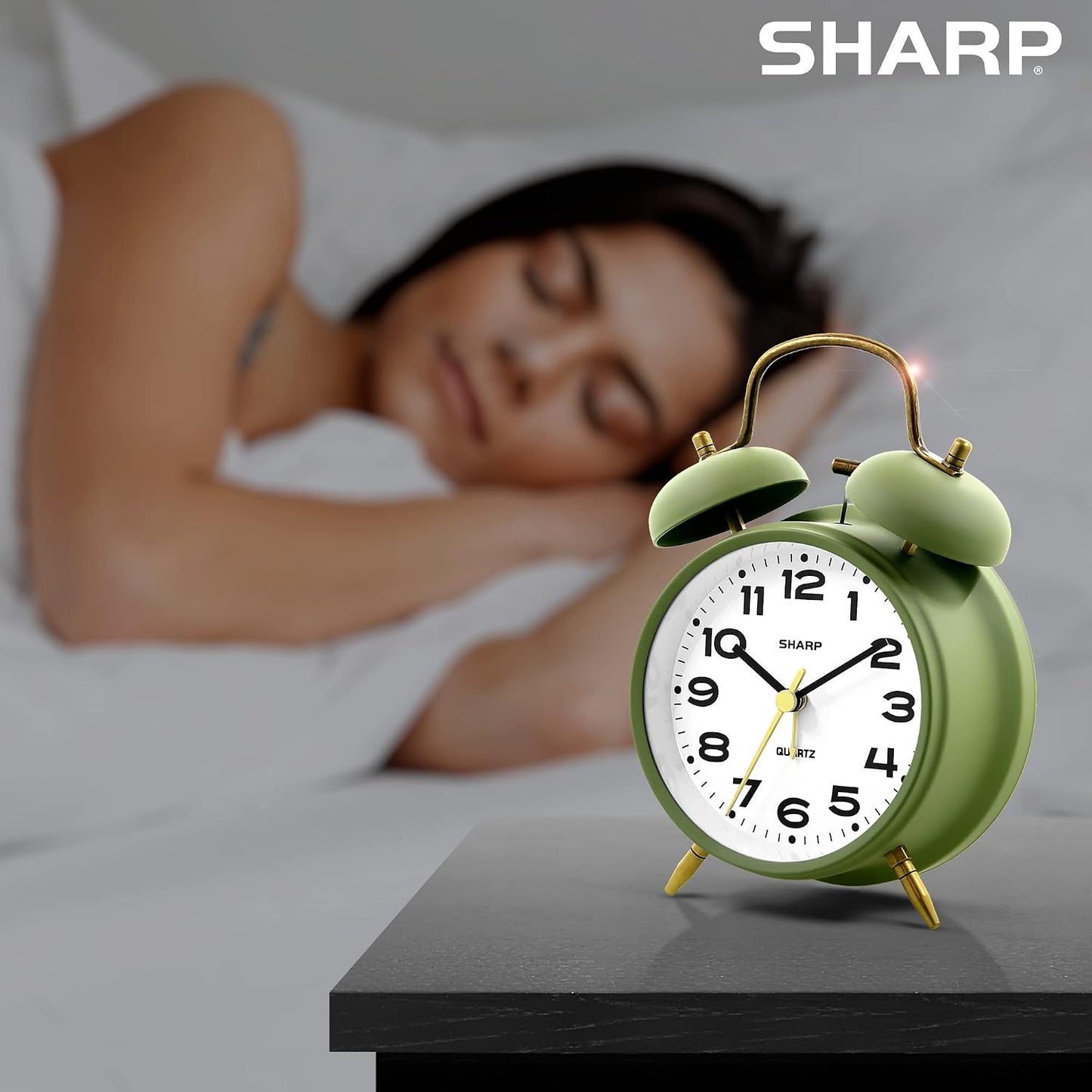 Sharp 4-Inch Twin Bell Alarm Clock for Heavy Sleepers (Matte Navy) | Extra-loud metal bell alarm, quiet quartz movement, press-button backlight, rustic bronze accents, battery operated