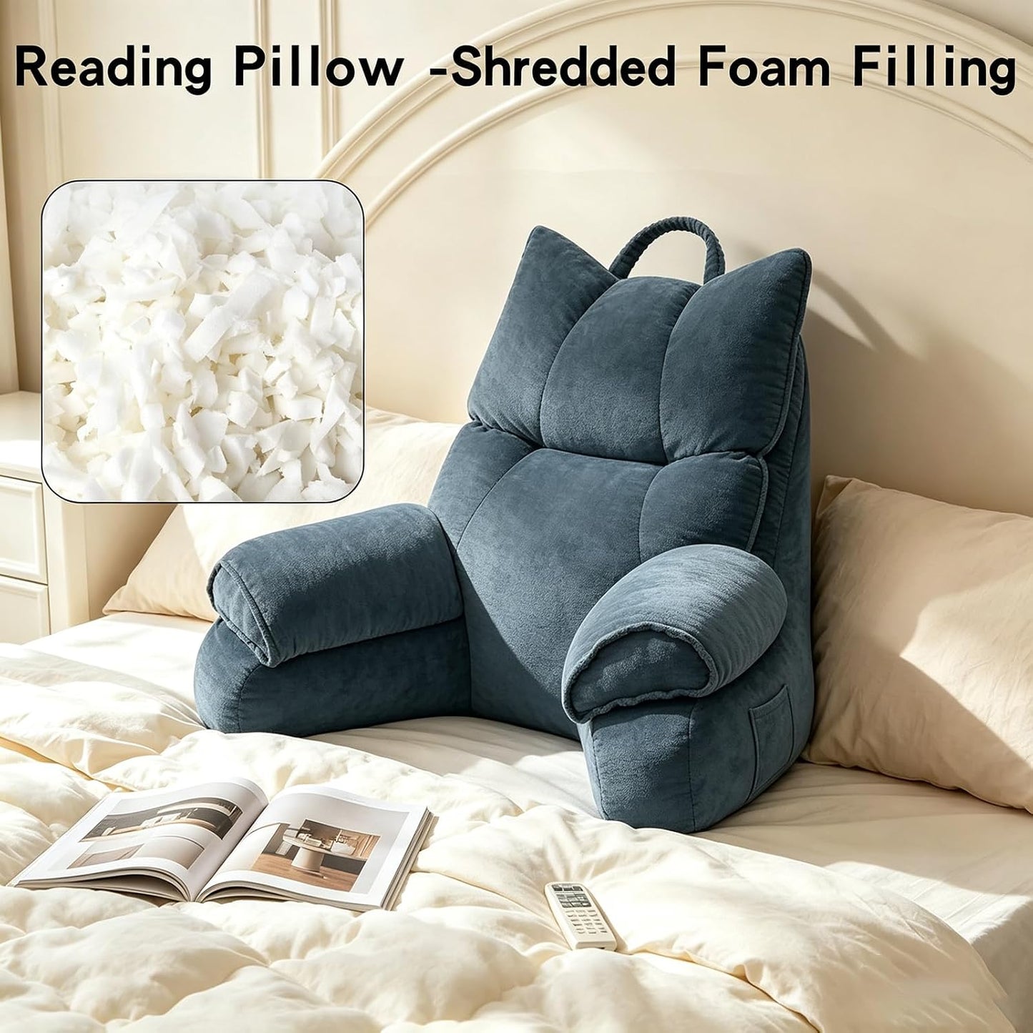 Reading Pillow for Bed with Arms, Back Support, Memory Foam（Grey Black） | Reading Pillow for Bed with High Arm Rests, Back Support Pillow for Sitting Up, Shredded Memory Foam for Reading, TV & Gaming