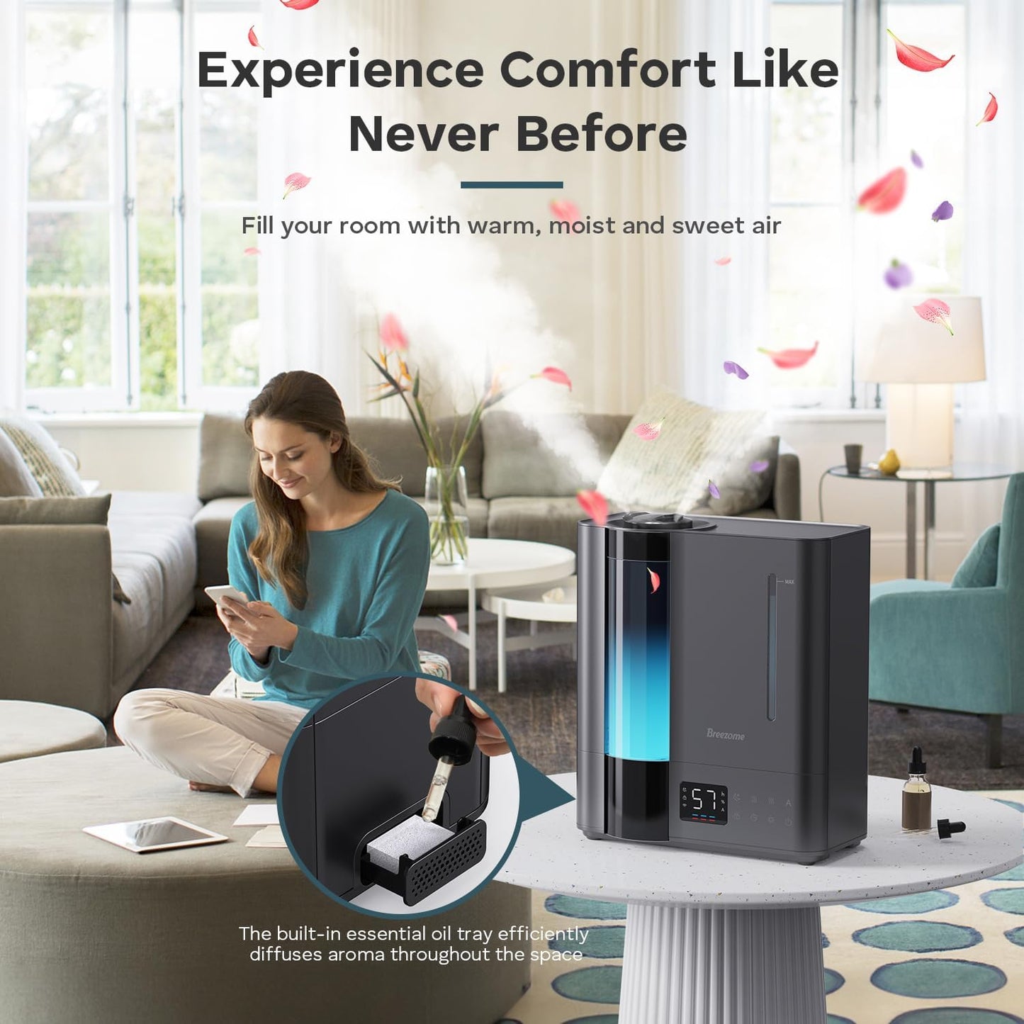 BREEZOME 8L Warm & Cool Mist Humidifier for Large Room 25dB 60H Runtime | Top Fill, 7-Color Mood Light, Smart Auto Humidistat, Essential Oil Tray, Safe Child Lock, 1-24H Timer for Bedroom Baby Plants
