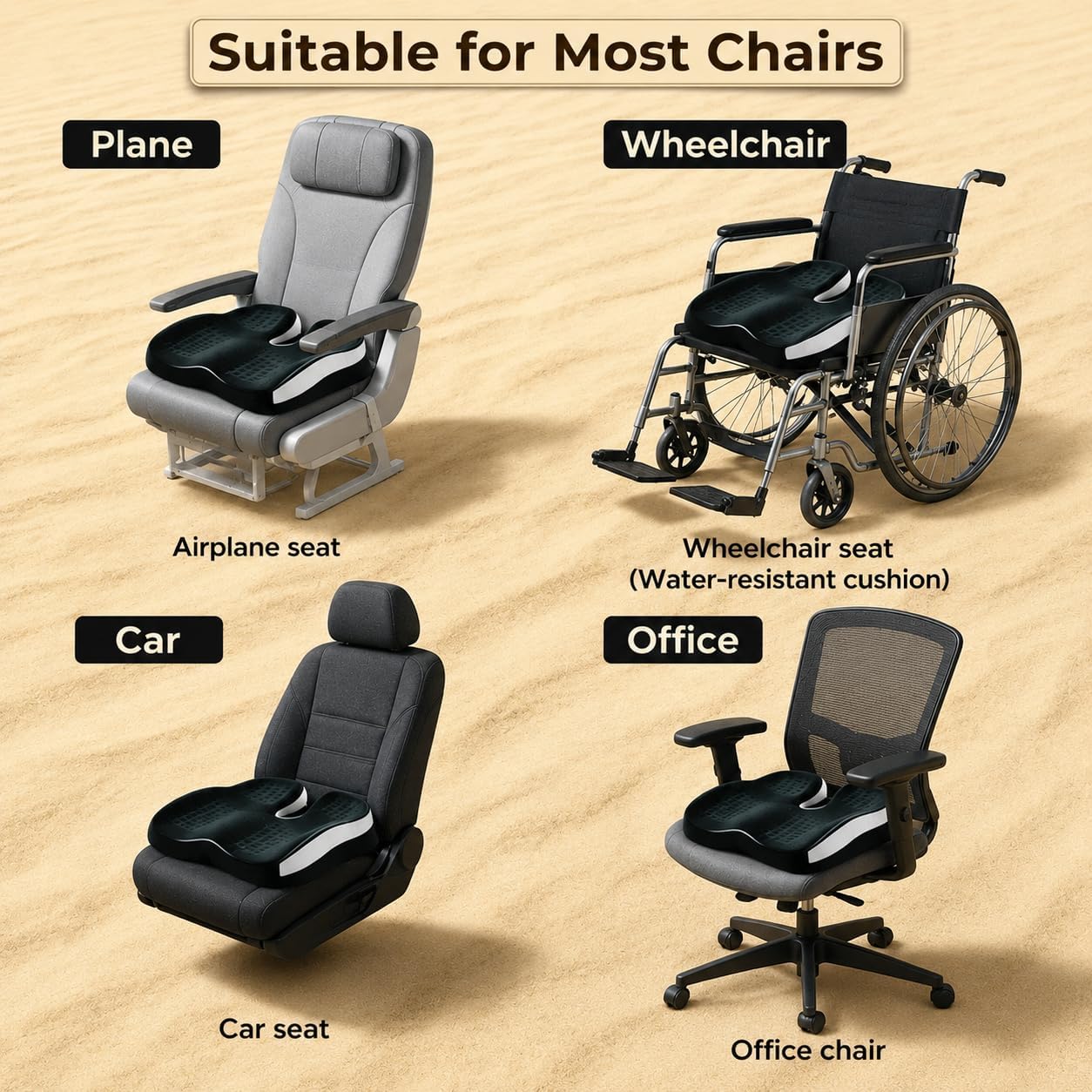 Memory Foam Ergonomic Seat Cushion for Office Chairs Pain Relief | Suitable for prolonged sitting, relieves tailbone pain, fits office chairs, wheelchairs, car seats and computer desk chairs