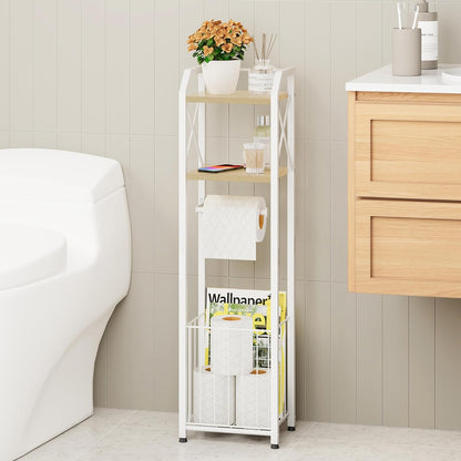 HapiRm Freestanding Toilet Paper Holder - 4-Tier Bathroom Tissue Organizer with Wood Shelves and Large Basket, Toilet Paper Holder Stand for Bathroom, Laundry Room, Apartment - Black（Large）