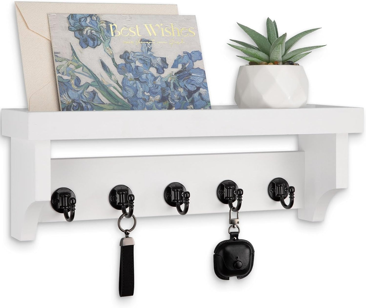 Key and Mail Holder Wall Mount, Mail Organizer with 5 Key Hooks | Key Holder with Shelf, Key Holder for Coat, Dog Leash, Home Decor Rack, Entry Way Organizer