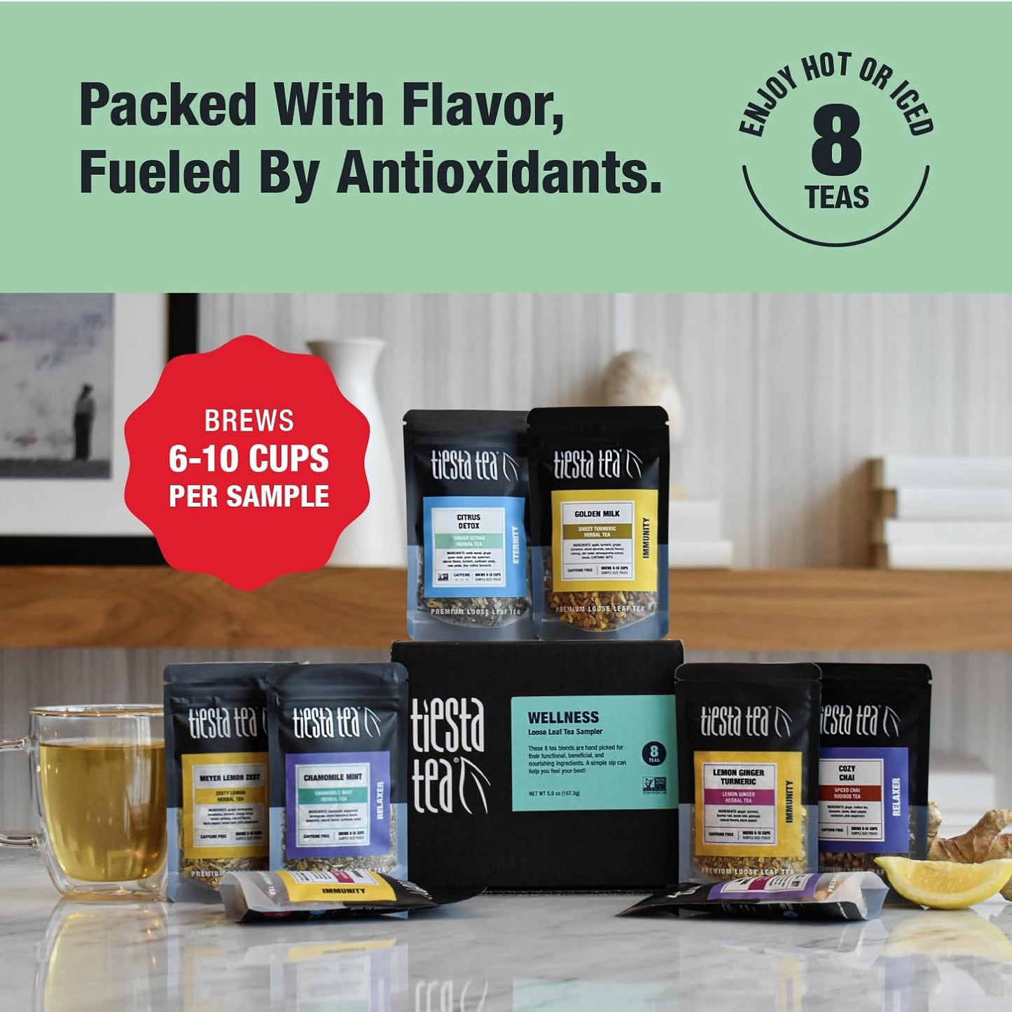 Tiesta Tea - Top 8 Favorites Sampler Set, Loose Leaf, Up to 80 Cups | High to No Caffeine, Hot & Iced, Tea Variety Pack with Green, Herbal, & Black, 8 Sample Pouches