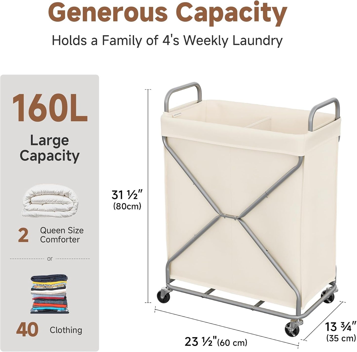 StorageWorks 2 Section Laundry Sorter with Wheels, 160L Beige Hamper Basket | Beige Divided Hamper, Rolling Organizer for Bedroom, Bathroom, College, Apartment
