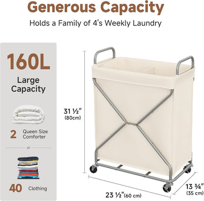 StorageWorks 2 Section Laundry Sorter with Wheels, 160L Beige Hamper Basket | Beige Divided Hamper, Rolling Organizer for Bedroom, Bathroom, College, Apartment