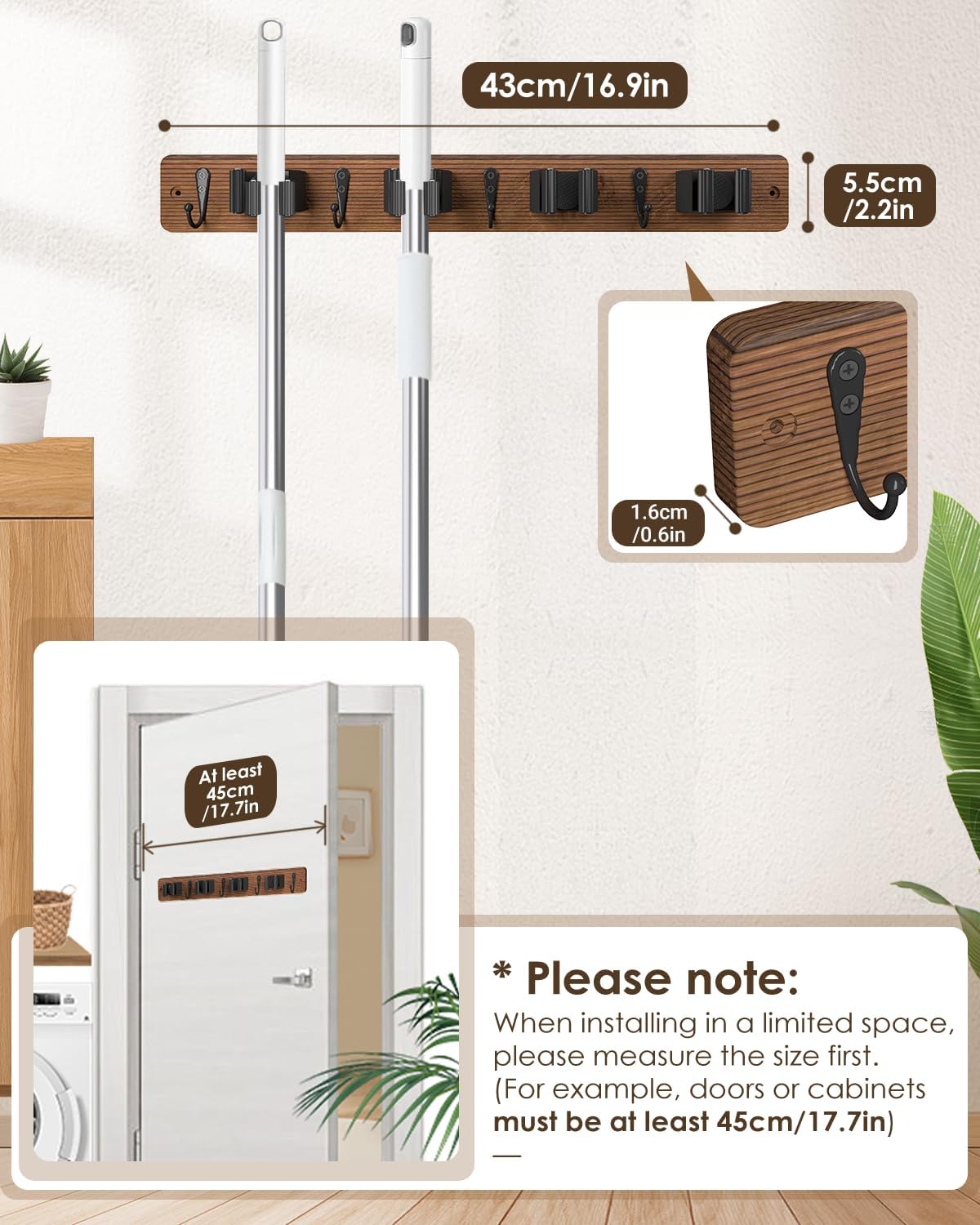 Broom Holder Wall Mount, 4 Holders 4 Hooks Mop and Broom Organizer | Mop Holder Wall Mount and Broom Hanger for Garage, Laundry Room, Kitchen and Utility Storage