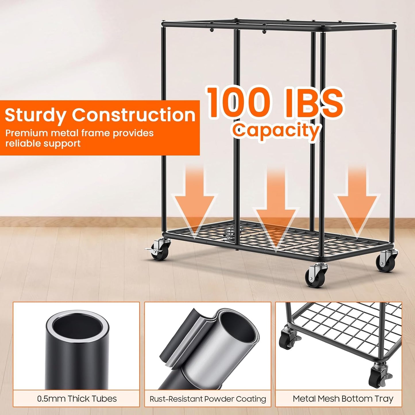 Laundry Hamper with Wheels, 150L Rolling Laundry Basket with Bag & Handles | Sturdy Metal Frame | Removable Bag | Large & Tall Dirty Clothes Hampers for Laundry Room, Bedroom, Dorm, Bathroom-Black