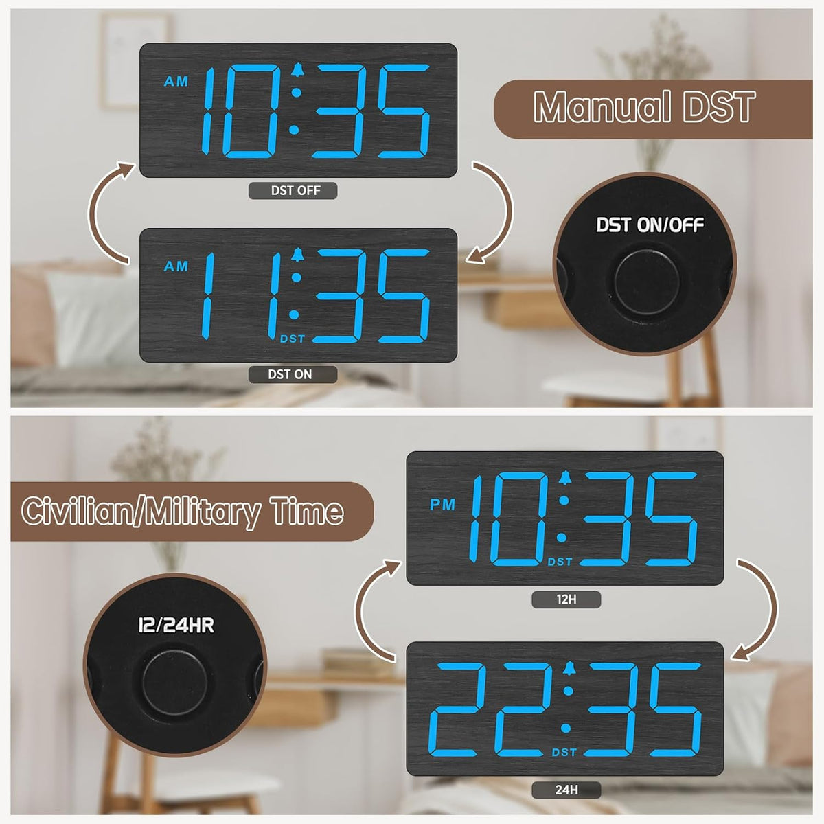 DreamSky Wooden Digital Alarm Clock for Bedroom with Large Numbers