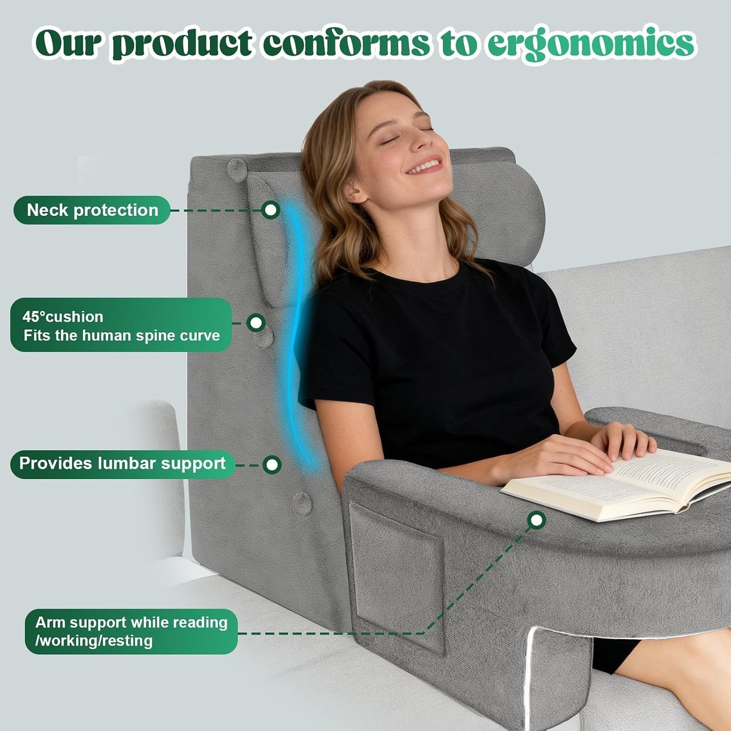 Reading Pillow Set for Adults with Back Neck Support and Armrest | 26D High-Density Foam for Bed Couch Reading Gaming Working, Reduce Neck & Back Fatigue, Breathable Fabric, Removable Cover