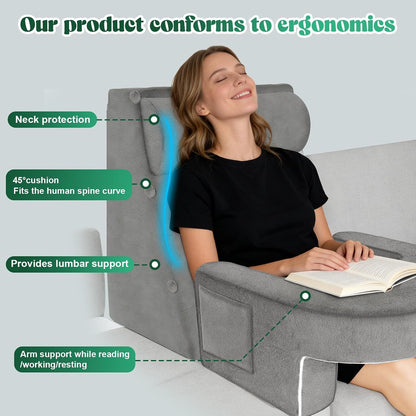 Reading Pillow Set for Adults with Back Neck Support and Armrest | 26D High-Density Foam for Bed Couch Reading Gaming Working, Reduce Neck & Back Fatigue, Breathable Fabric, Removable Cover