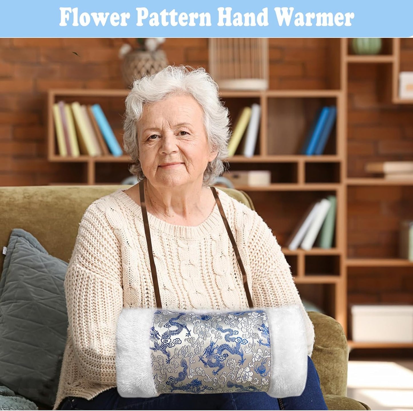 Faux Fur Hand Muffs for Women, Soft Exquisite Flower Pattern Hand Warmer Pouch with Neck Cord, Warm Hand Muffler for Cold Weather, with Pearl Butterfly Brooch