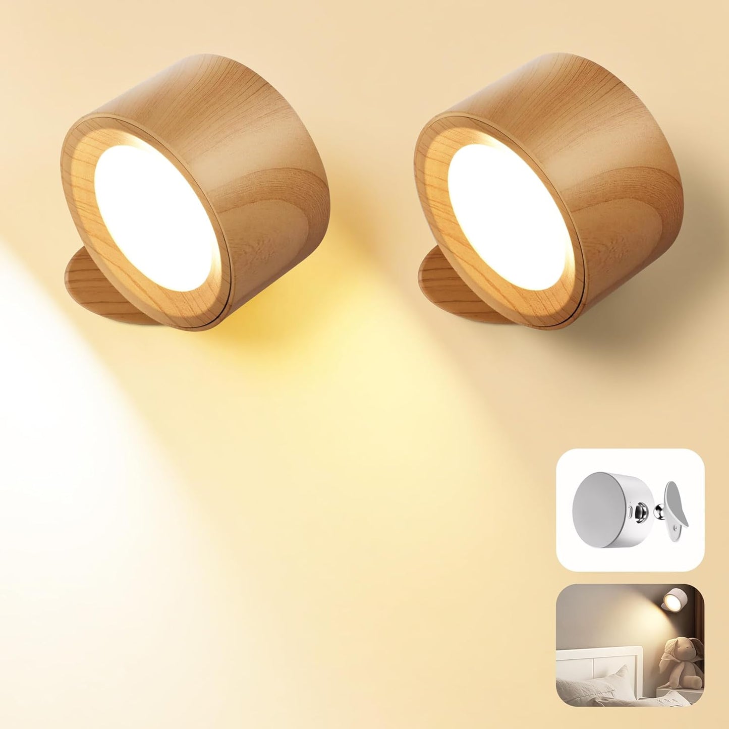 Wall Mounted Lamp, Rechargeable Battery Operated Wall Lights, White-2 Pack | Rechargeble Renter Friendly, 3 Color Temperatures & 3 Brightness Levels 360°Rotate Magnetic Ball, Sconces for Reading Bedroom