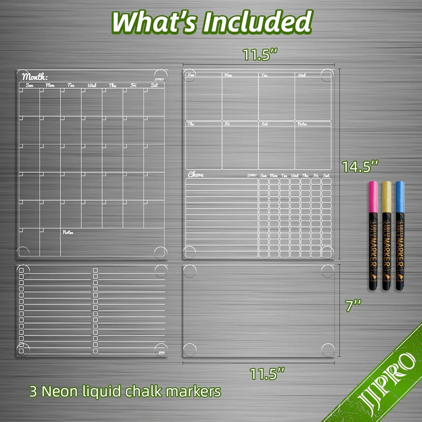 JJPRO Non-Magnetic Dry Erase Calendar for Fridge, Monthly Calendar, Weekly Planning Board Bundle for All Smooth Surfaces. Clear Reusable Calendar Stick to Fridge,Cabinet,Door&Glass