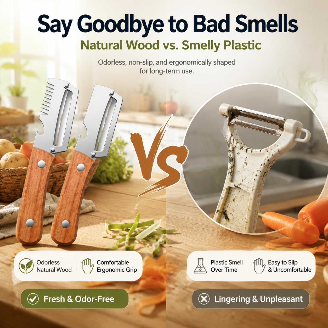 2Pcs Vegetable Peeler with Wooden Handle, Odor-Free Stainless Steel Multi Functional Vegetable Cutter, 2-in-1 and 3-in-1 Kitchen Tool with Scallion Shredder and Bottle Opener for Cooking and Camping