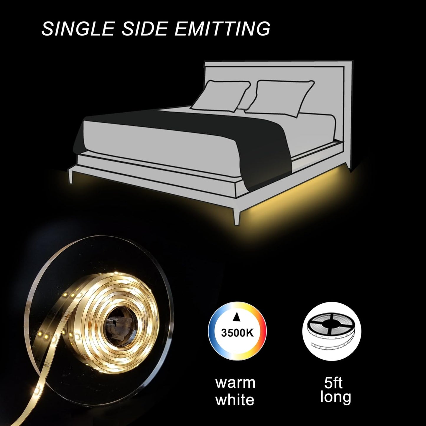 Under Bed Lights Motion Sensor, Motion Activated Bed Lighting,12V Power Adapter, Dimmable LED Strip Night Light for Bedroom,Stairs,Crib,Cabinet,Warm White -2 x 5FT -Dual Kit