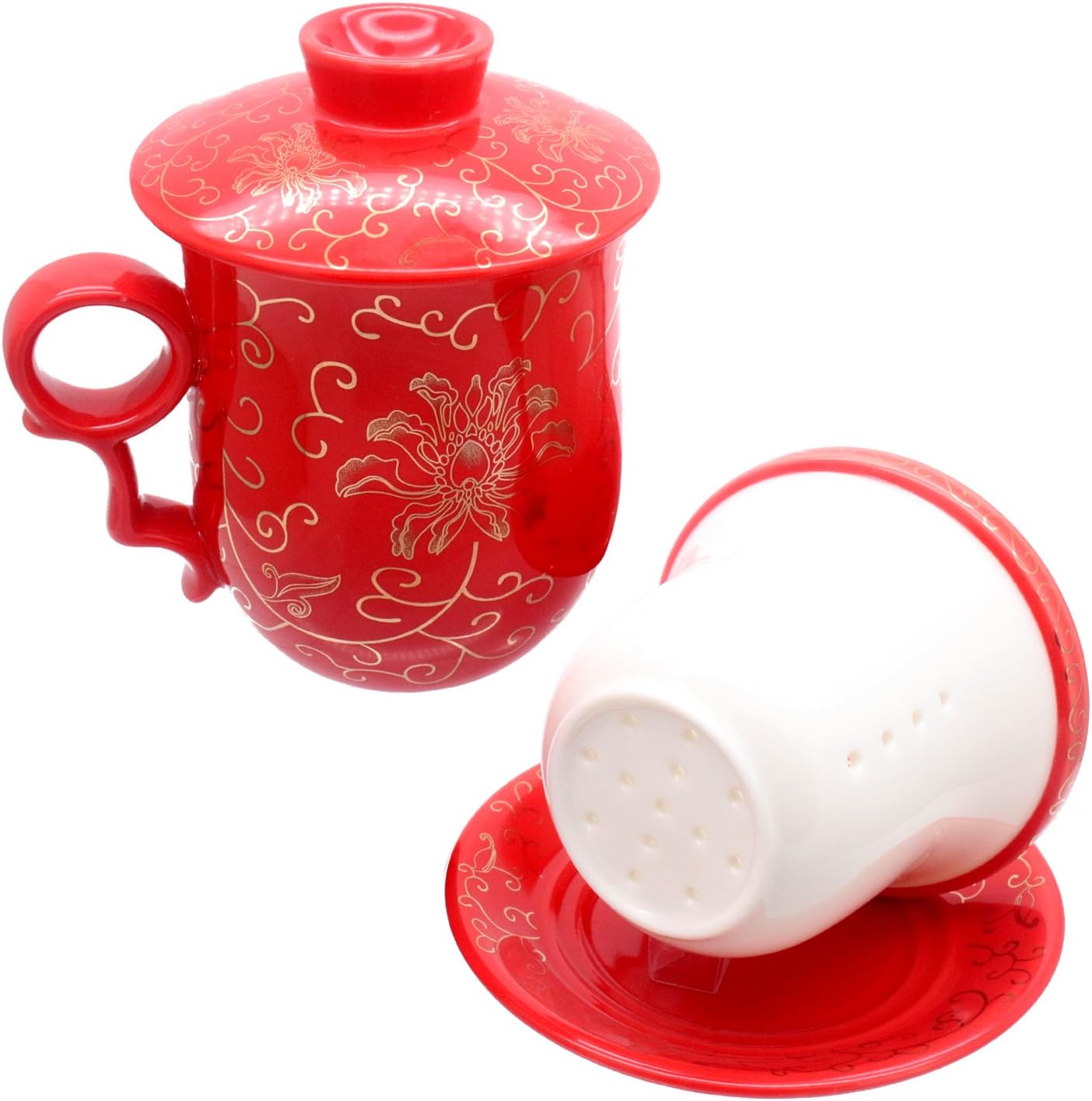 Porcelain Tea Cup with Infuser Lid and Saucer Sets - Chinese Jingdezhen Ceramics Coffee Mug Teacup Loose Leaf Tea Brewing System for Home Office