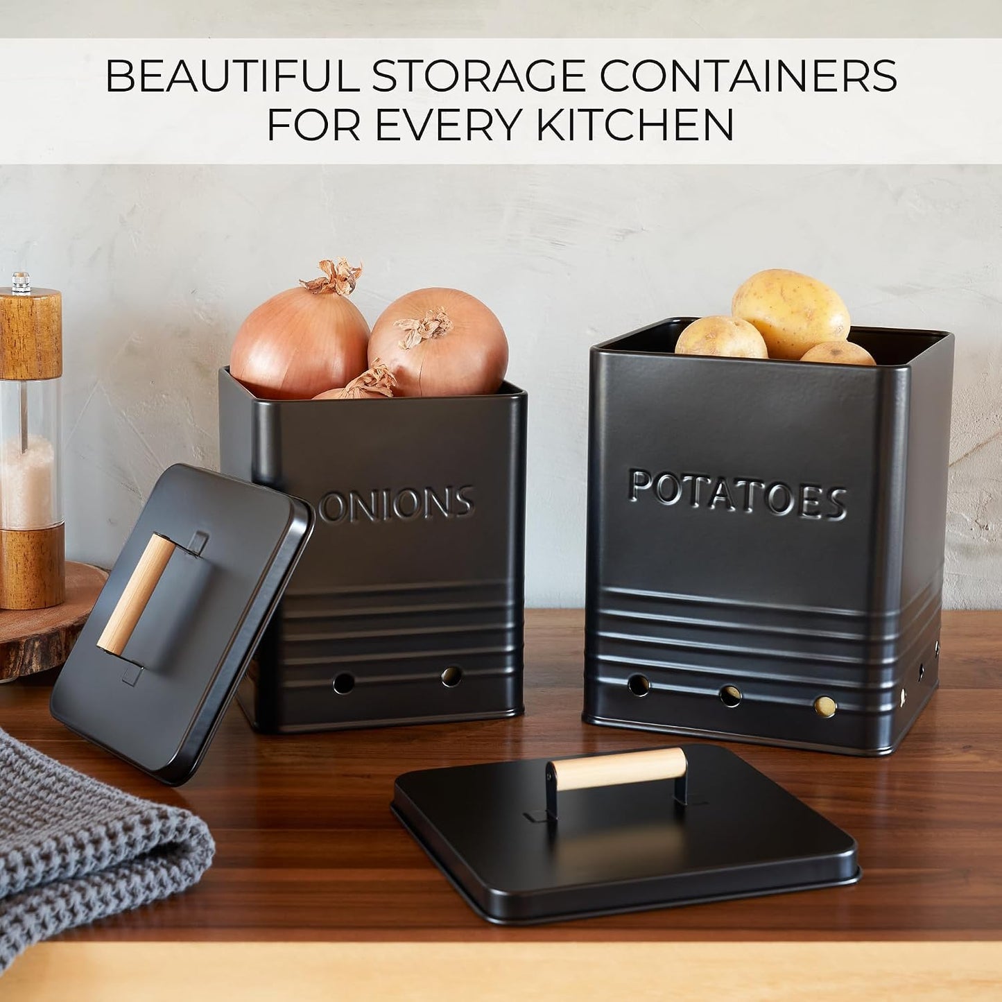 Beautiful Potato and Onion Storage Container Set - Food Safe Metal Bins | Spacious 10.1" and 8.9" Canisters for Your Kitchen Counter or Pantry - Keeps Produce Fresh Longer