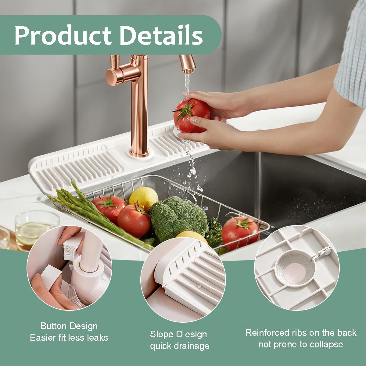 24 Inch Upgraded Draining Mat Folding faucet Mat for Bathroom Sink Splash Guard 7° Slope with Button Lock Water Draining Pad for Kitchen Bathroom Bar(Pink)