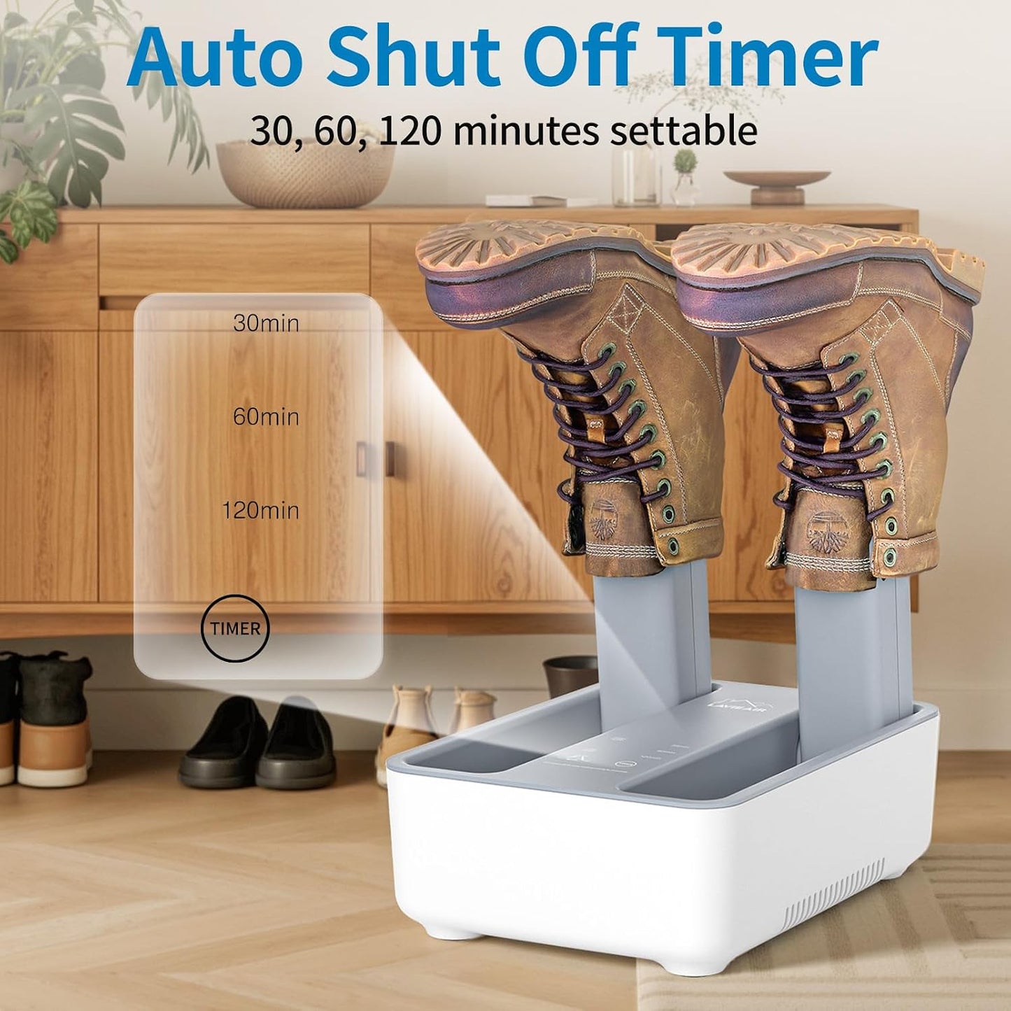 Boot Dryer and Deodorizer for Work Boots, Sneakers and Gloves, Portable Shoe Dryer with Retractable Hoses, Timer, and Heat Control