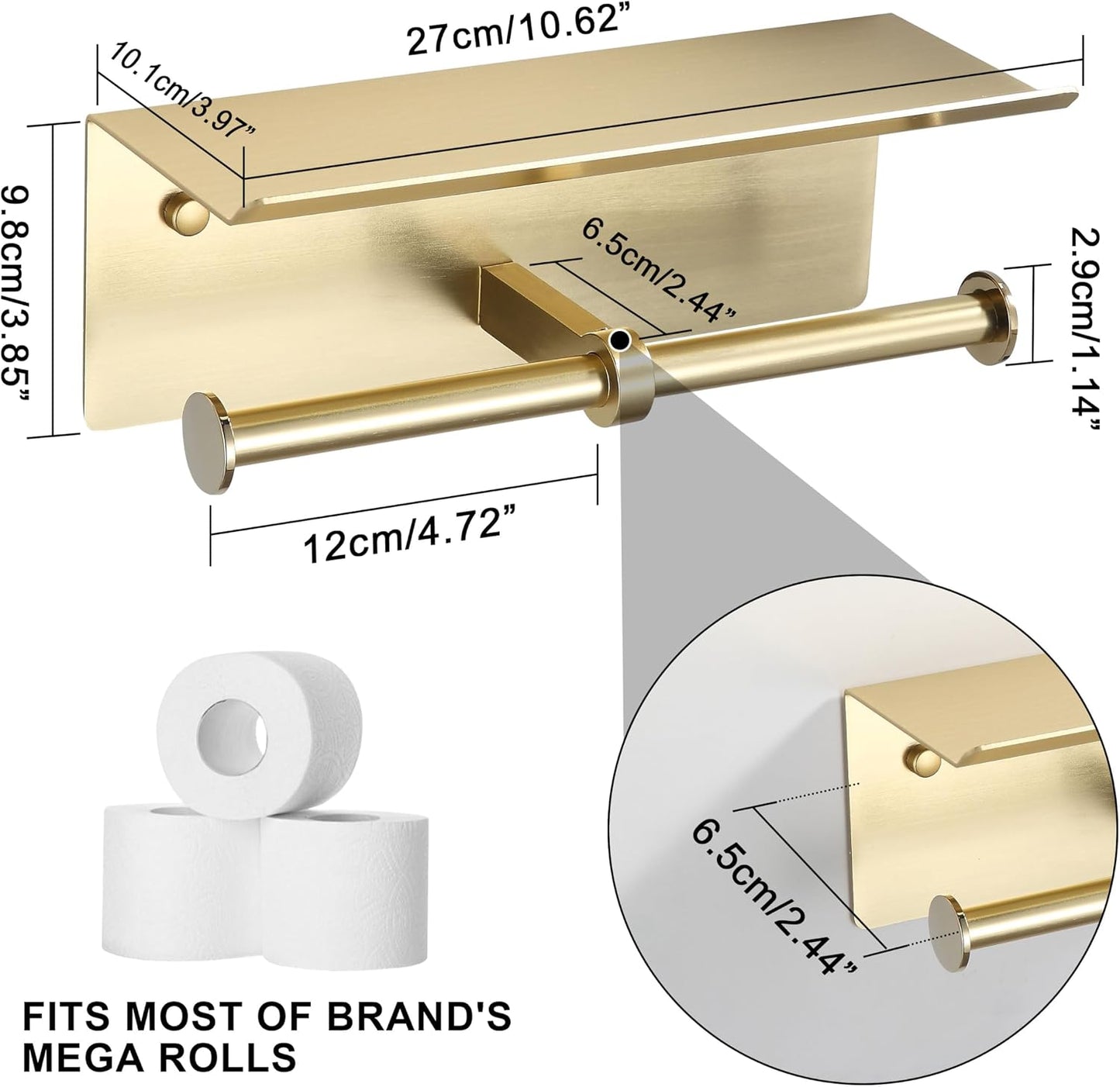 Black Toilet Paper Roll Holder with Shelf Wall Mounted for Bathroom (Black, Double Head)