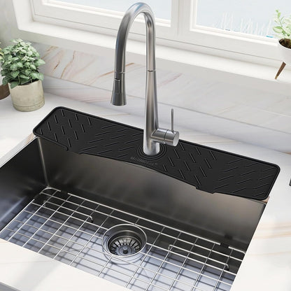 Silicone Faucet Mat for Kitchen Sink – Gen 2 Splash Guard with Upgraded Outlet & Slope – 18” x 5.1” Water Catcher & Sink Sponge Holder for Kitchen and Bathroom (Black)