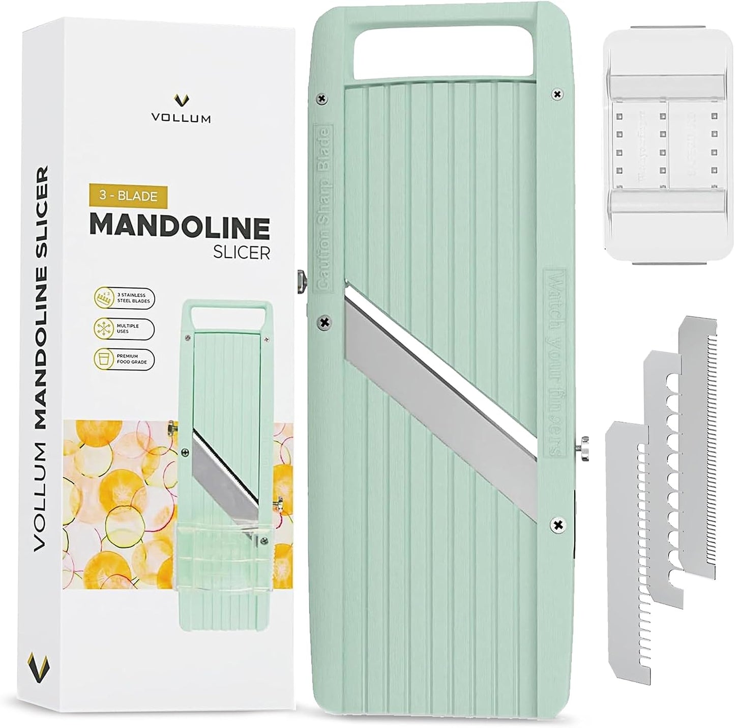 Vollum Mandoline Slicer Vegetable Cutter Stainless Steel Blades | Narrow handheld manual food slicer with interchangeable blades for precise, professional-style kitchen prep.