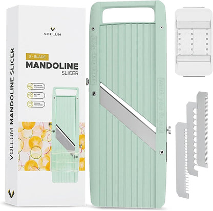 Vollum Mandoline Slicer Vegetable Cutter Stainless Steel Blades | Narrow handheld manual food slicer with interchangeable blades for precise, professional-style kitchen prep.