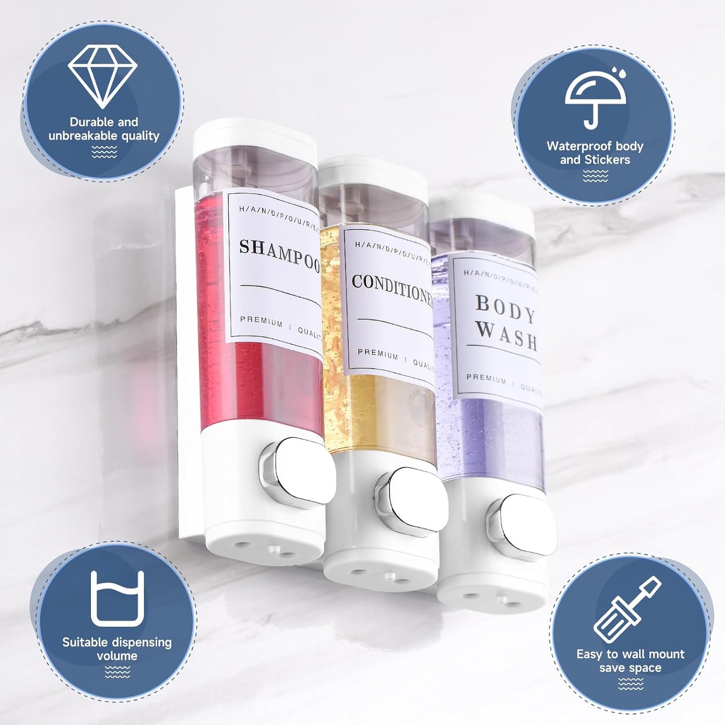 Cabo Deseado Shower Soap Dispenser Wall Mounted No Drill Shampoo Dispenser for Shower Wall Shampoo and Conditioner Dispenser Bathroom Hotel 3 * 350ml Gungray with Labels