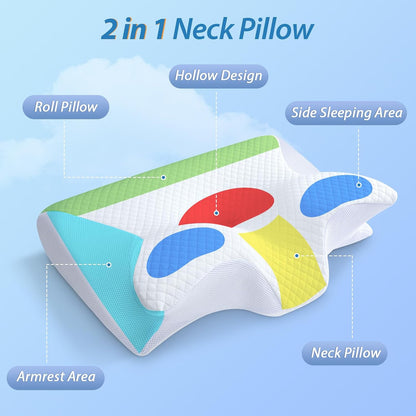 HOMCA Memory Foam Cervical Pillow, 2 in 1 Ergonomic Contour Orthopedic Pillow for Neck Pain, Contoured Support Pillows for Side Back Stomach Sleepers