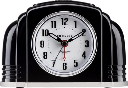 Crosley Vintage Art Deco Analog Alarm Clock, Quiet Ticking, Automatic Dimmable Smart Light, Simple Controls, (Black)