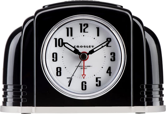 Crosley Vintage Art Deco Analog Alarm Clock, Quiet Ticking, Automatic Dimmable Smart Light, Simple Controls, (Black)