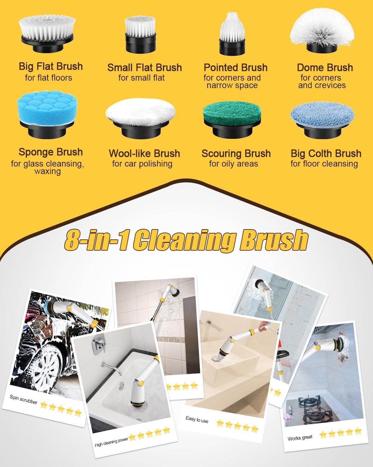Qimedo 1500 RPM Electric Spin Scrubber with Two Batteries Q2 Pro, Cordless Battery Powered Shower Scrubber,Electric Tile Floor Scrubber with Display for Grout/Tile/Tub (Effortless Handle/8 Brushes)