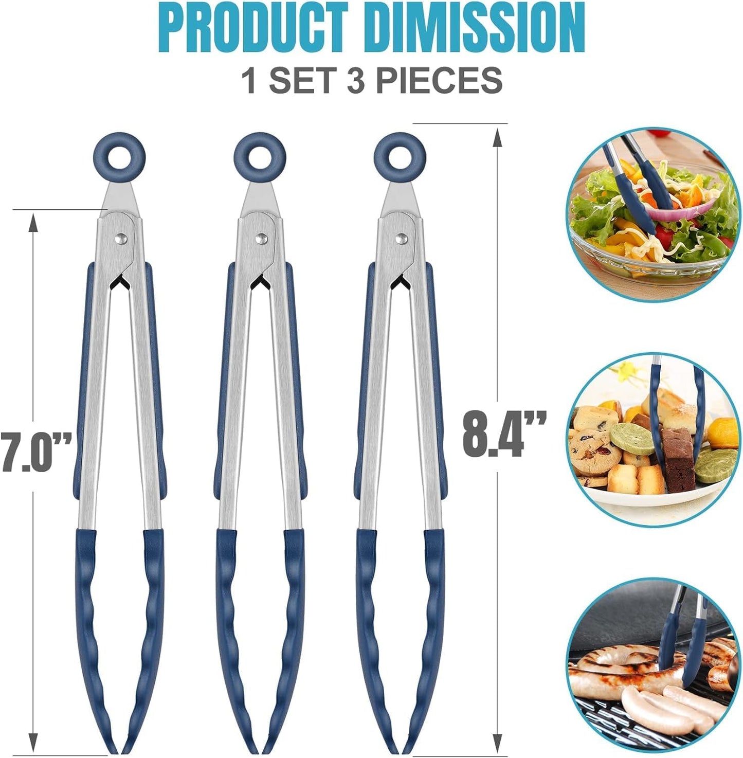 Hotec Mini Silicone Kitchen Tongs for Cooking - 7-Inch Small Serving Tongs with Silicone Tips, Set of 3 (Black,Grey,Light Blue)