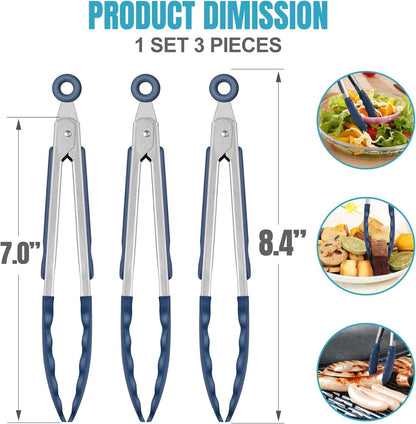 Hotec Mini Silicone Kitchen Tongs for Cooking - 7-Inch Small Serving Tongs with Silicone Tips, Set of 3 (Black,Grey,Light Blue)