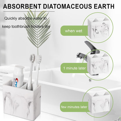 Diatomite Toothbrush Holder Toothpaste Organizer, Marble White | Quick Drying, Non-Slip, 2 Slots Kids Electric Tooth Brush Holder for Bathroom, for Countertop, Shower, Vanity