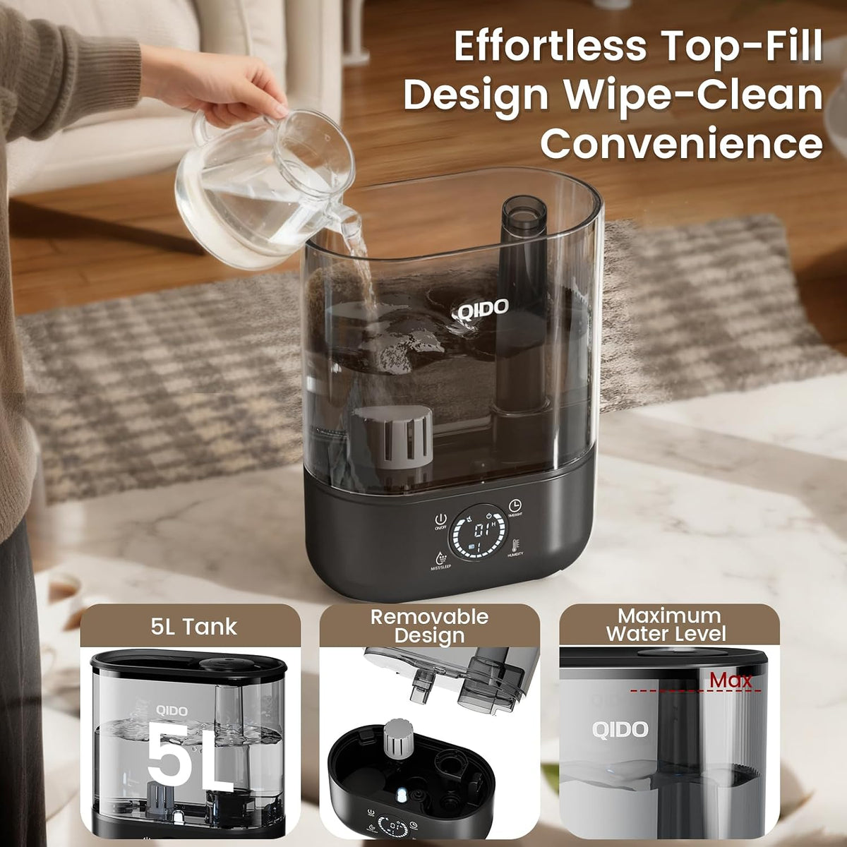 QIDO Top Fill Humidifiers for Bedroom, 5 L Cool Mist 36H Super Long Time, Quiet 28dB Essential Oil Diffuser for Baby & Plants, 3 Adjustable Mist with Touch/APP/7-color Nightlight, Auto Shut-off, White