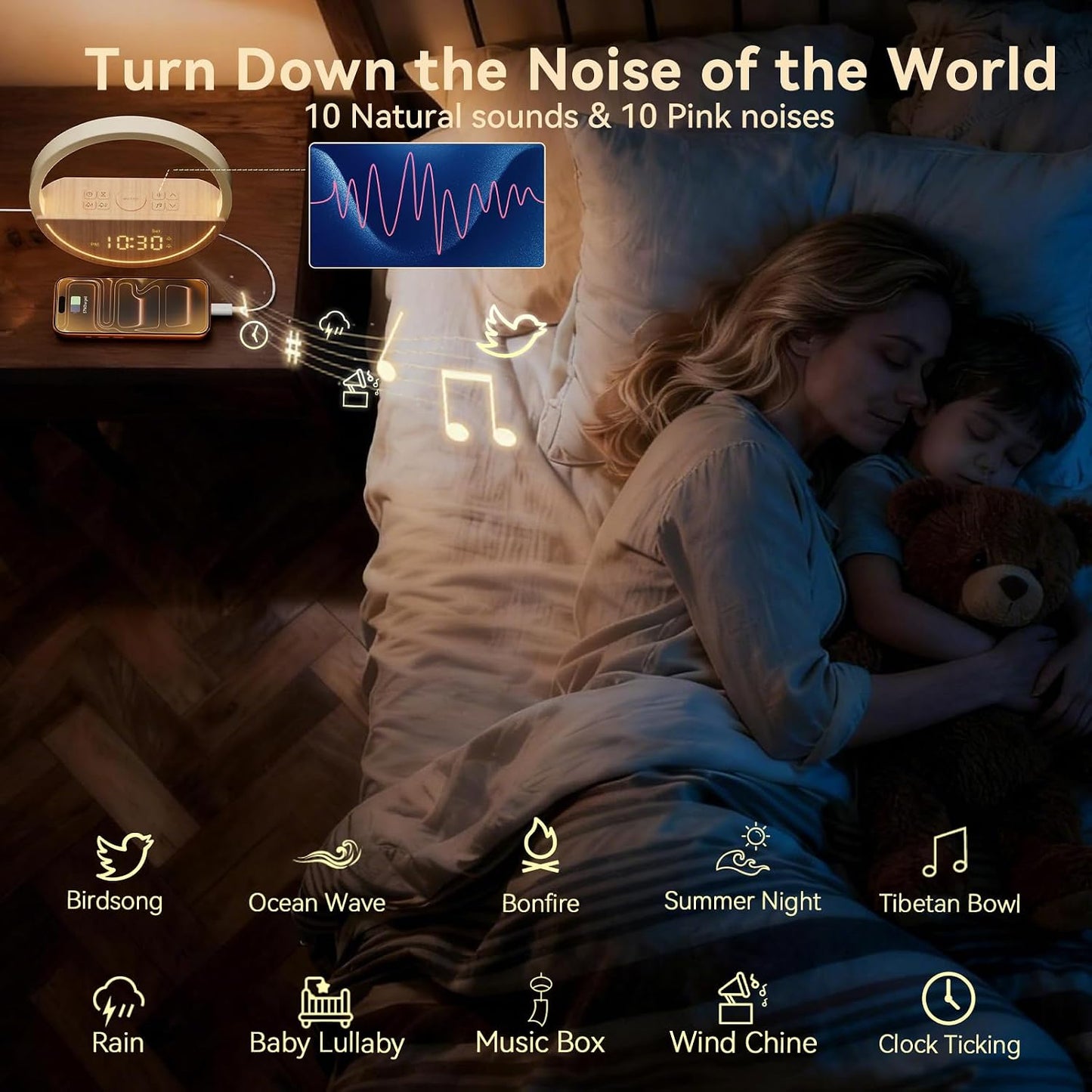 Vivilumens Sunrise Alarm Clock White Noise Sound Machine for Bedroom | Gentle Wake Up Light with 20 Soothing Sounds Sleep Aids, Dimmable Clock, Touch Control, Timer, Dual Alarms for Heavy Sleepers