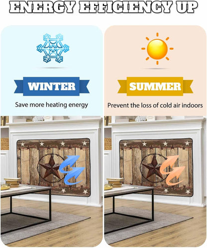 Rustic Country Magnetic Fireplace Cover, Fireplace Draft Blocker, Western Stars Brown Texture Wooden Print Fireplaces Blanket for Heat Loss/Cold Air, Fireplaces Draft Stopper for Inside 39''x32''