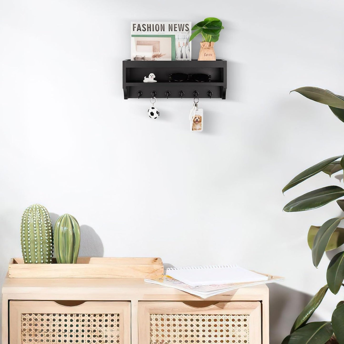 Nekon Key Holder Wall Mount, Pine Wooden Mail Organizer, White | 12.8"W x 5.6"H x 3.7"D Wall Mounted Key and Mail Organizer with 6 Key Hooks, Key Rack for Home Entryway Decor