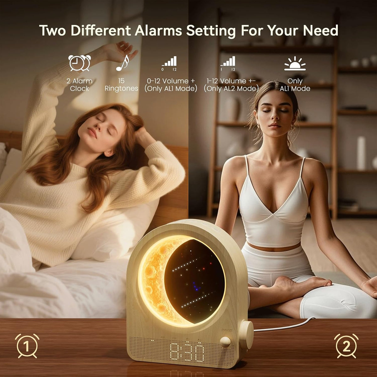 blonbar Sunrise Alarm Clocks for Bedrooms, Stepless Dimmable Moon Lamp Dual Alarm Clock with 12Levels Volume for Heavy Sleepers, 10 Natural Sounds with 30/60/90mins Timer, Gifts for Women